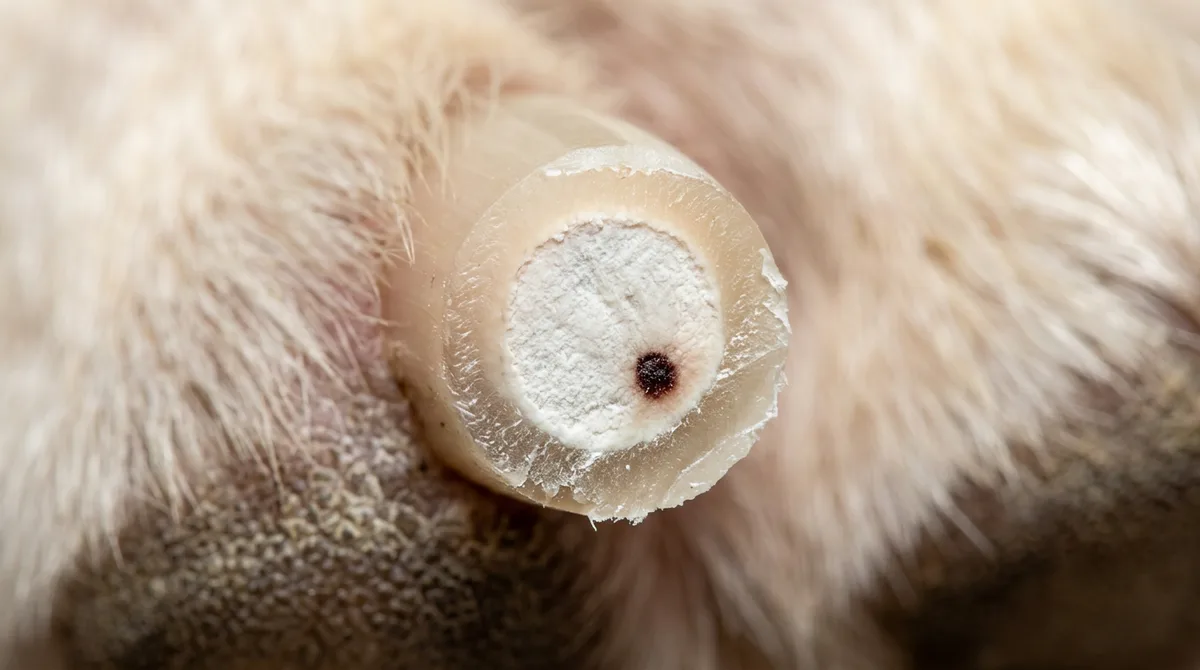 End-on macro of a cut light dog nail showing the chalky center and a small dark dot near the quick