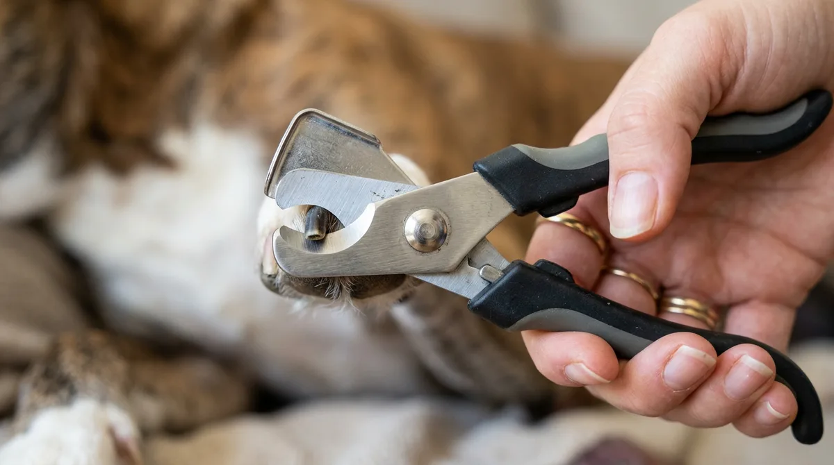 A scissor-style clipper with its safety guard engaged, only the nail tip protruding past it