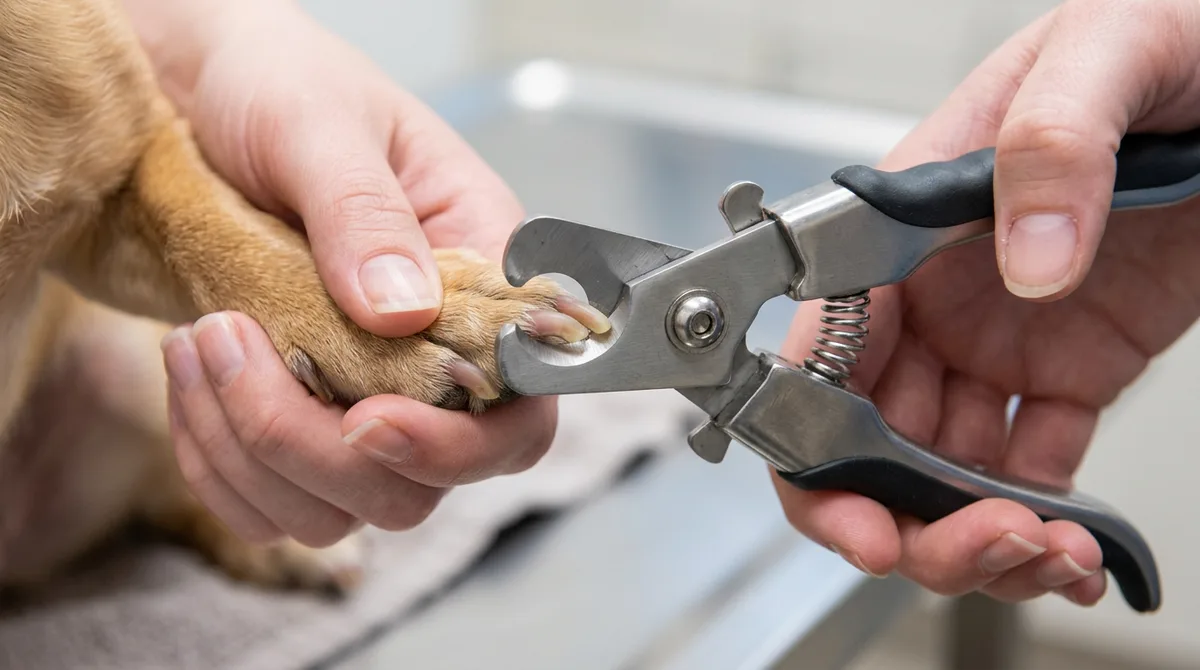 A guillotine-style clipper with a dog's nail fed through the ring opening, showing how the blade shears