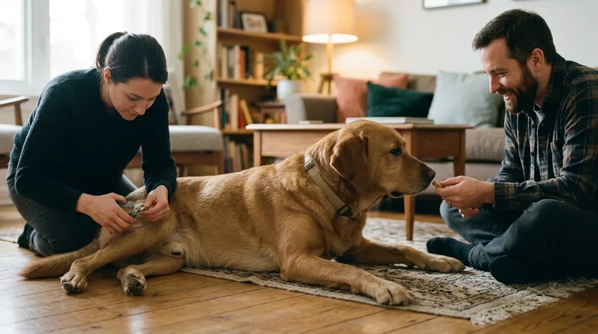 A large dog lying on its side for a nail trim while one person clips and another offers a treat