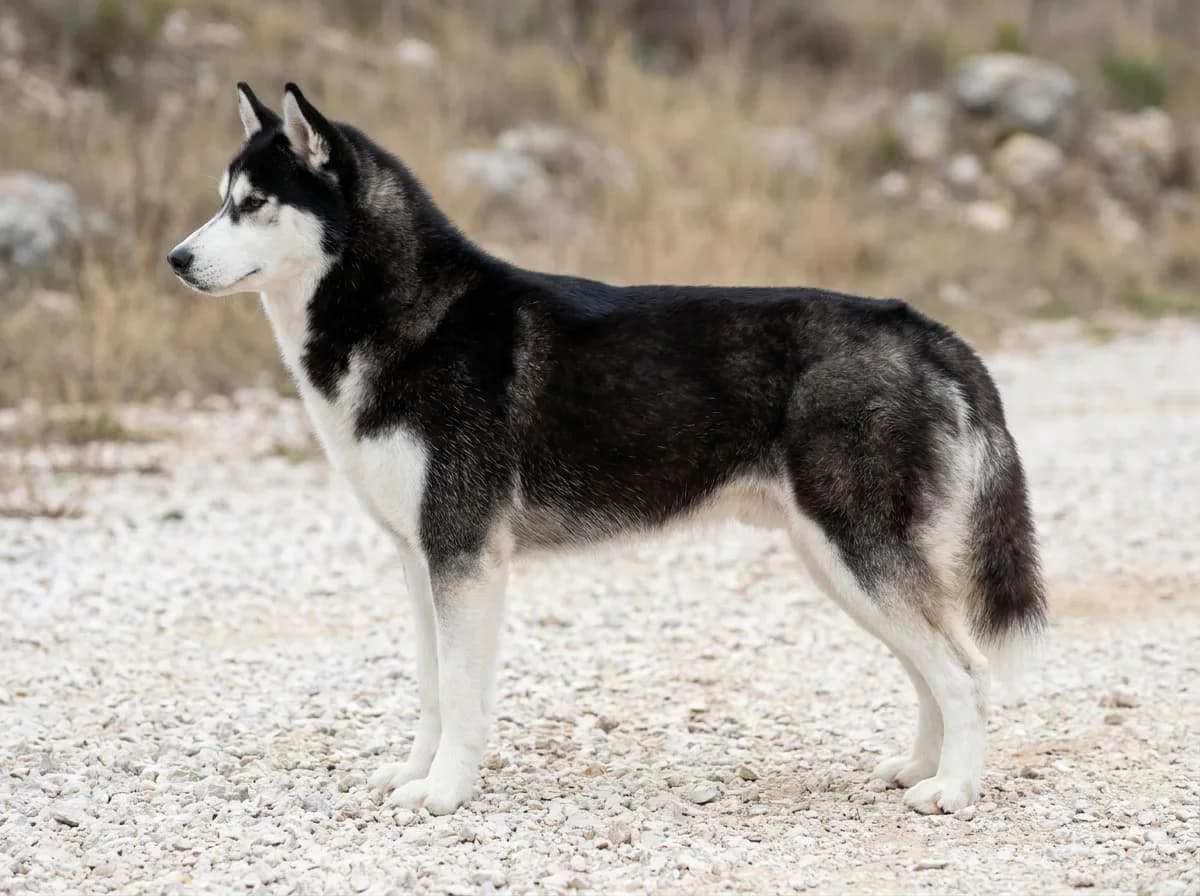 Black-and-white Husky standing in profile on gravel