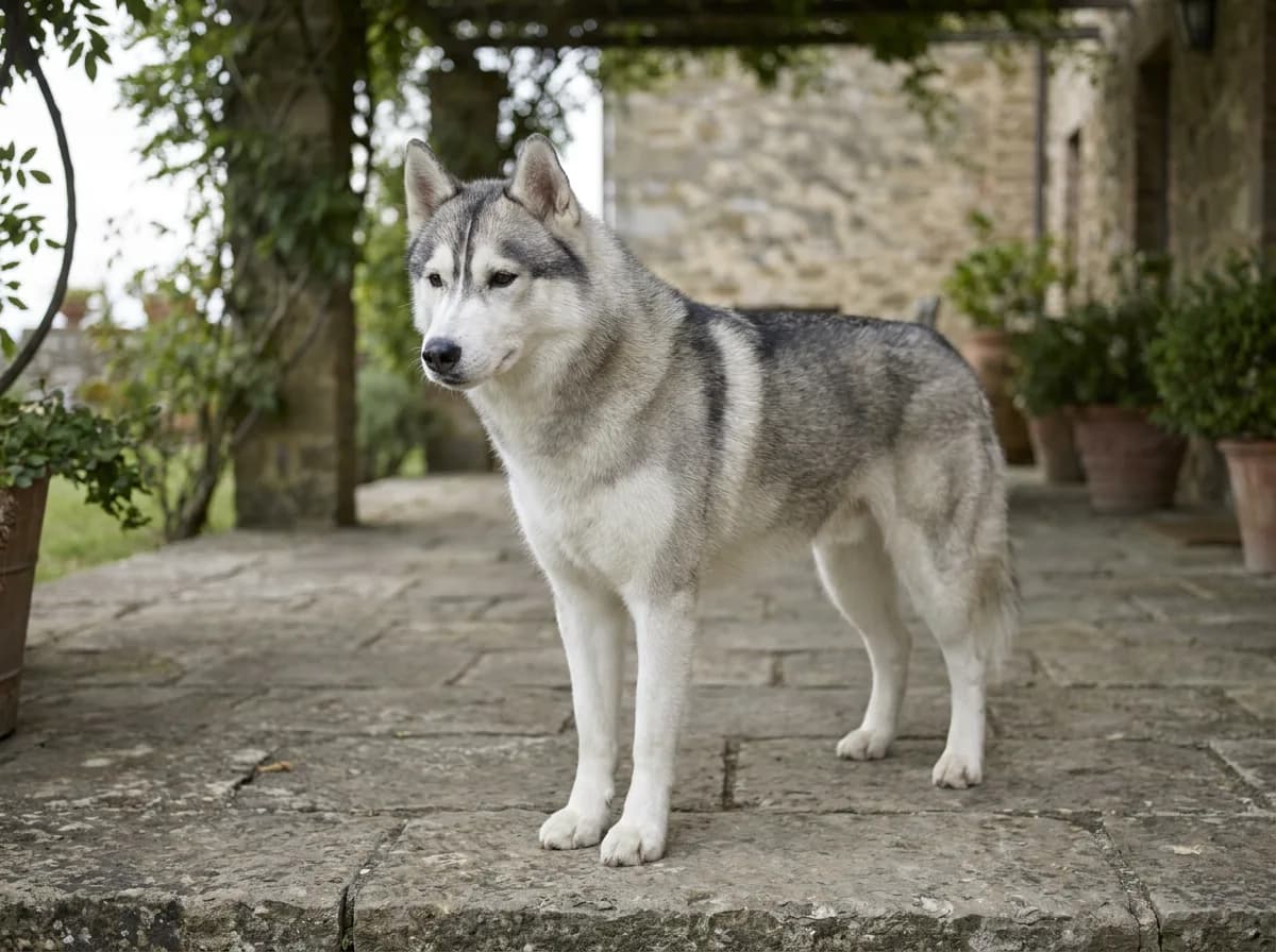 Gray-and-white Husky standing on a stone terrace