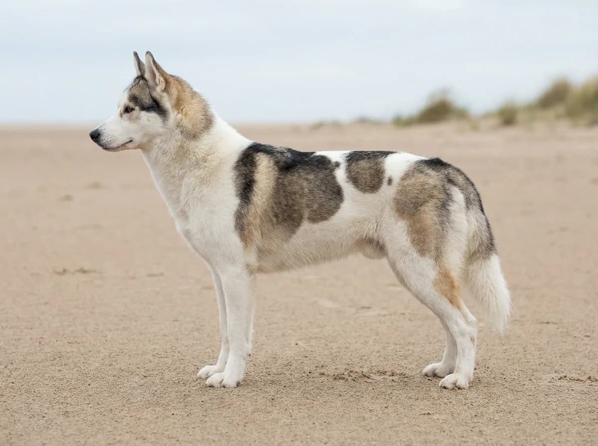 Piebald Husky, mostly white with distinct colored patches, on a sandy beach