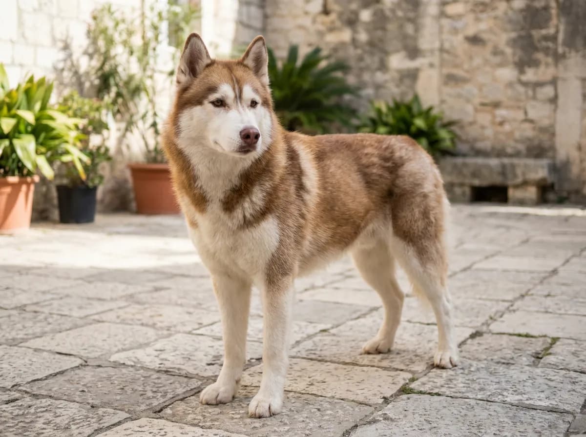 Red-and-white Husky with a liver-colored nose in a courtyard