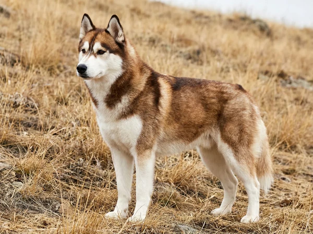 Sable Husky with dark coat tipping and a black nose standing on grass
