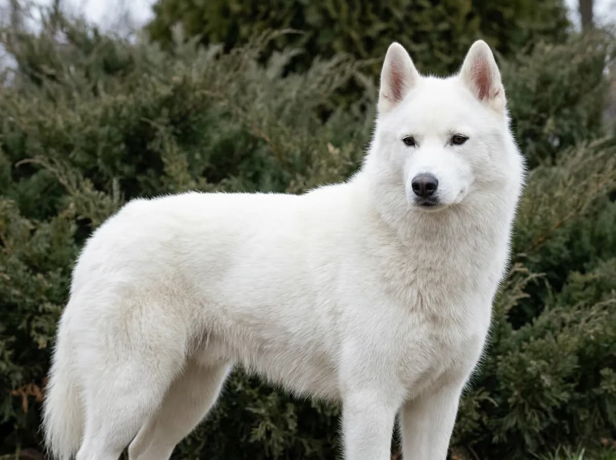 White Husky standing against a green outdoor background
