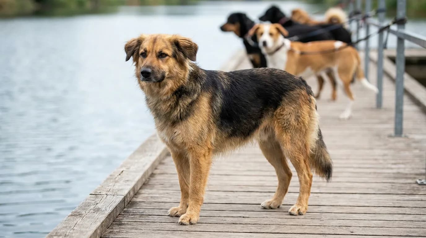 Tan-and-black dog standing on a waterside wooden walkway