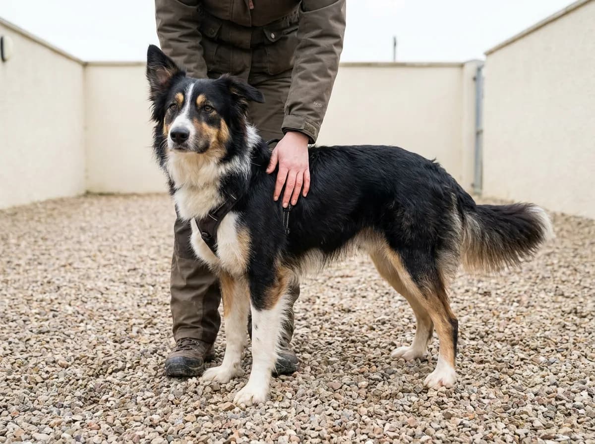 Australian Shepherd Husky mix with a black-tricolor coat standing calmly beside a person in a gravel courtyard
