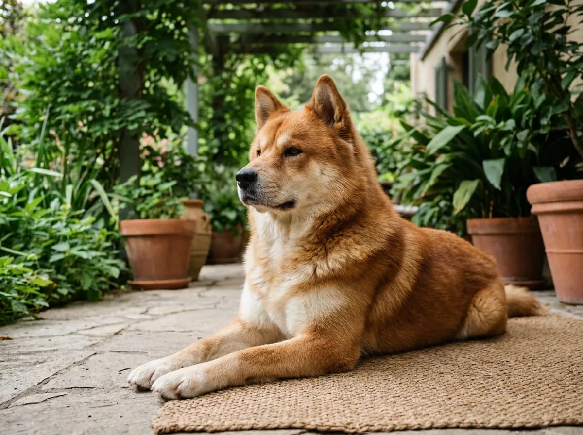 Chow Chow Husky mix with a rust-and-cream coat and natural ruff resting on a garden mat