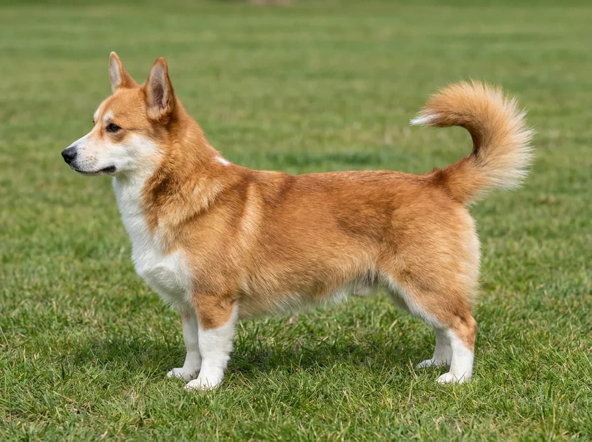 Corgi Husky mix with a red-and-white coat, upright ears and curved tail standing on grass