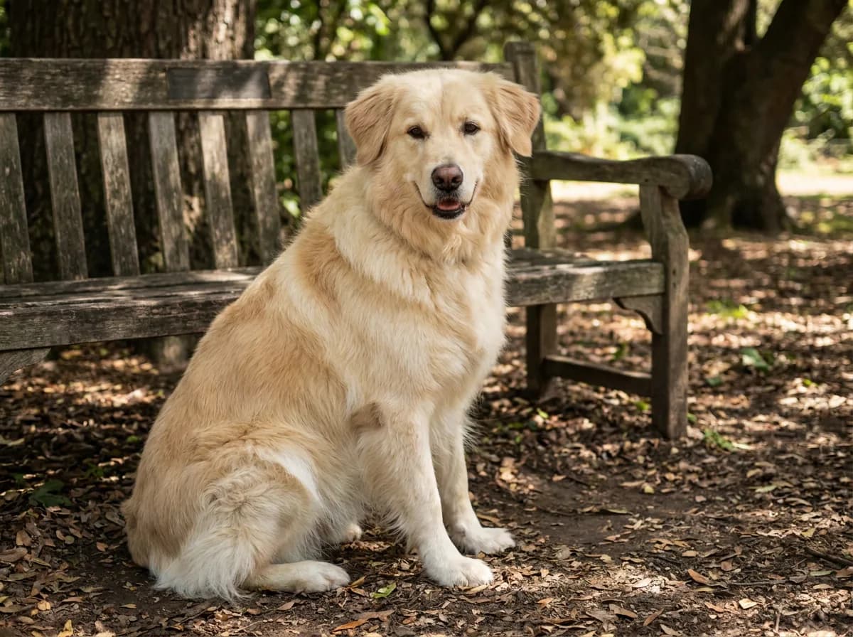 Golden Retriever Husky mix with a cream-gold feathered coat sitting beside a shaded bench