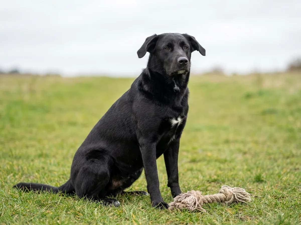 Labrador Husky mix with a black dense coat and white chest patch sitting beside a rope toy