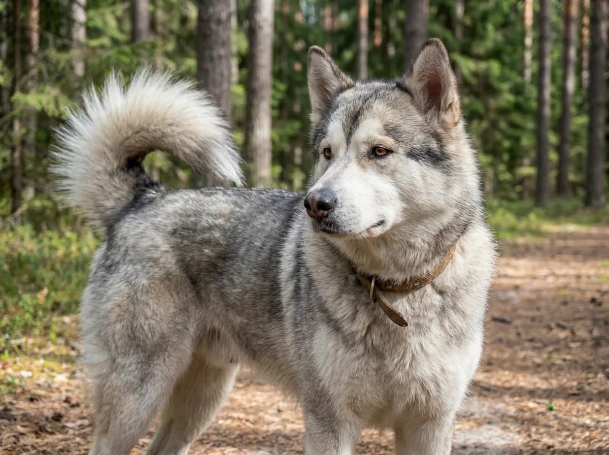 Alaskan Malamute Husky mix with a substantial gray-and-white coat standing among evergreen trees