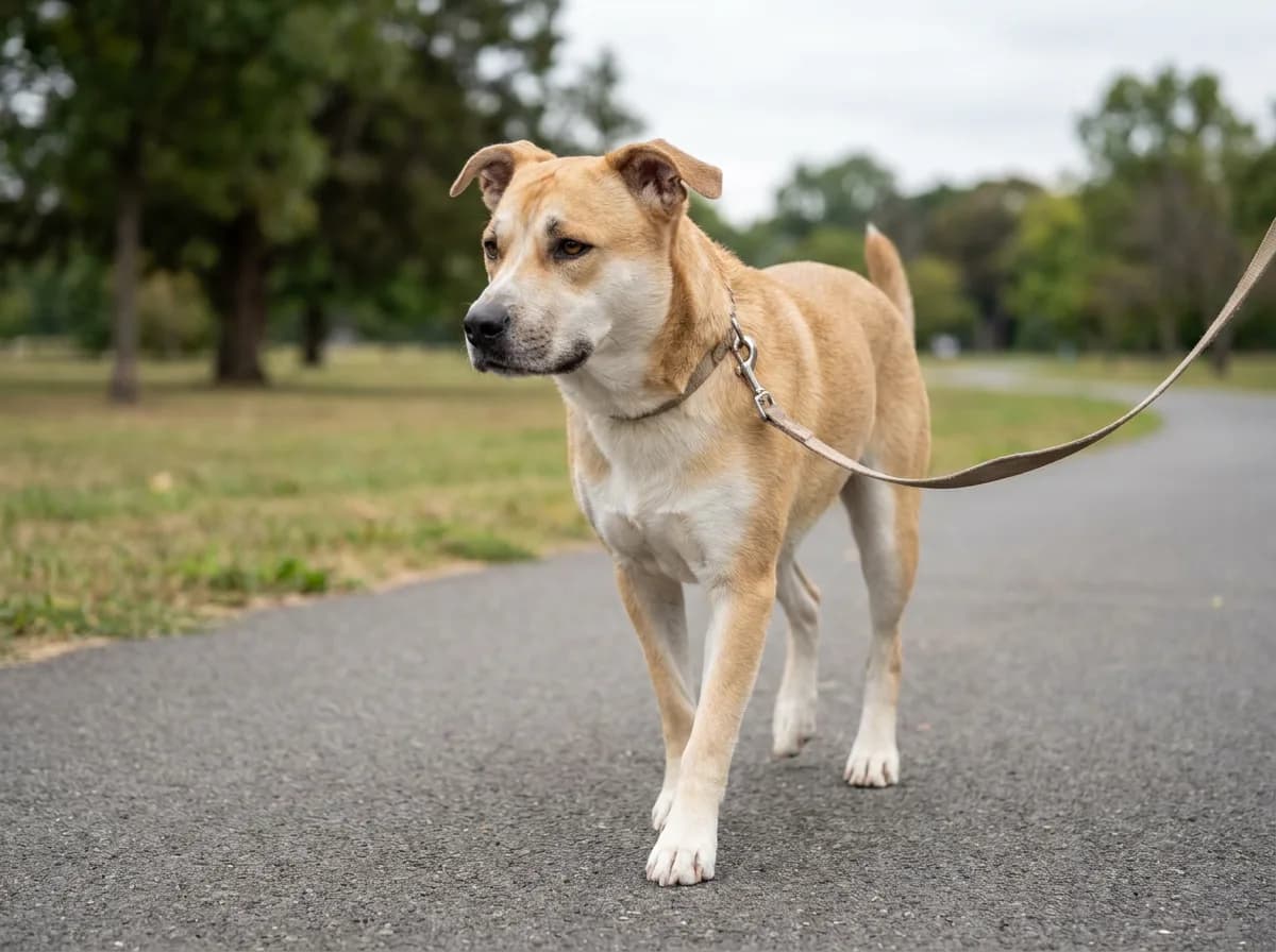 Pitbull Husky mix of moderate build with a fawn-and-white coat walking on a lead
