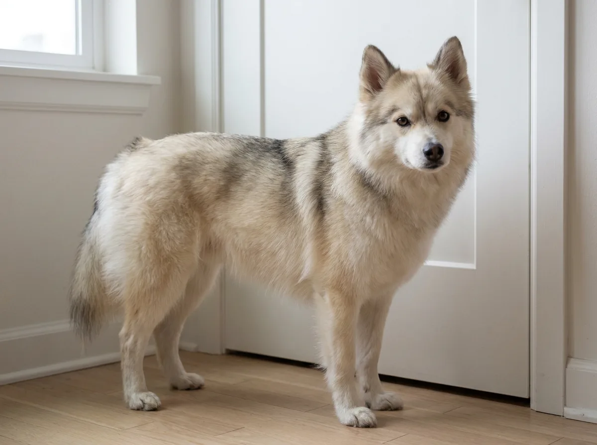 Pomeranian Husky mix with a full cream-and-gray coat standing by an indoor doorway
