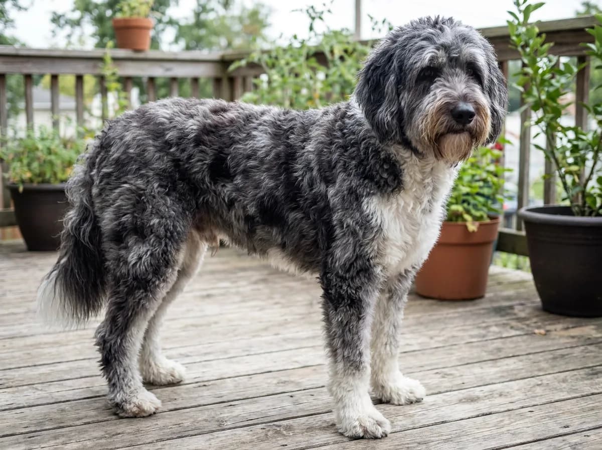 Husky Poodle mix with a wavy charcoal-and-white coat standing on a wooden patio