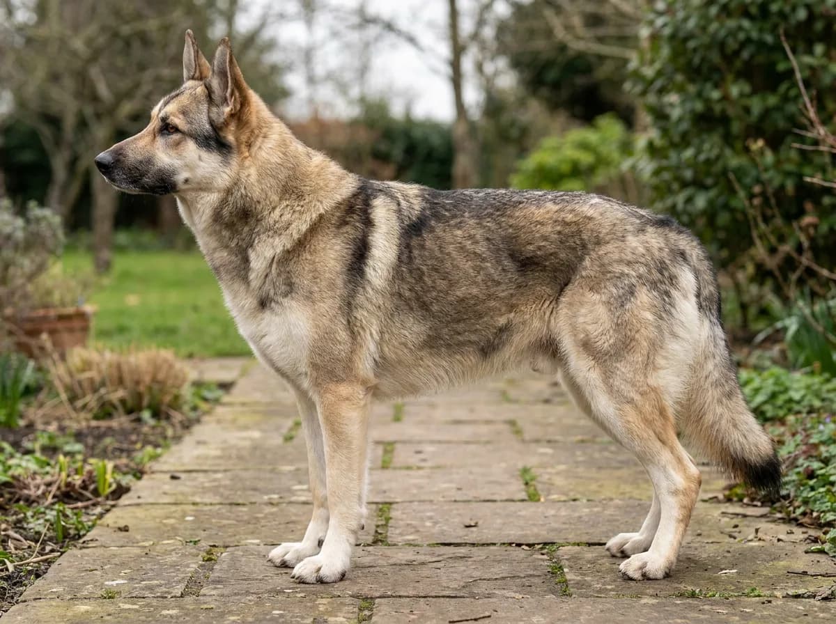 German Shepherd Husky mix with a sable-and-cream coat, upright ears and an athletic frame on a garden path