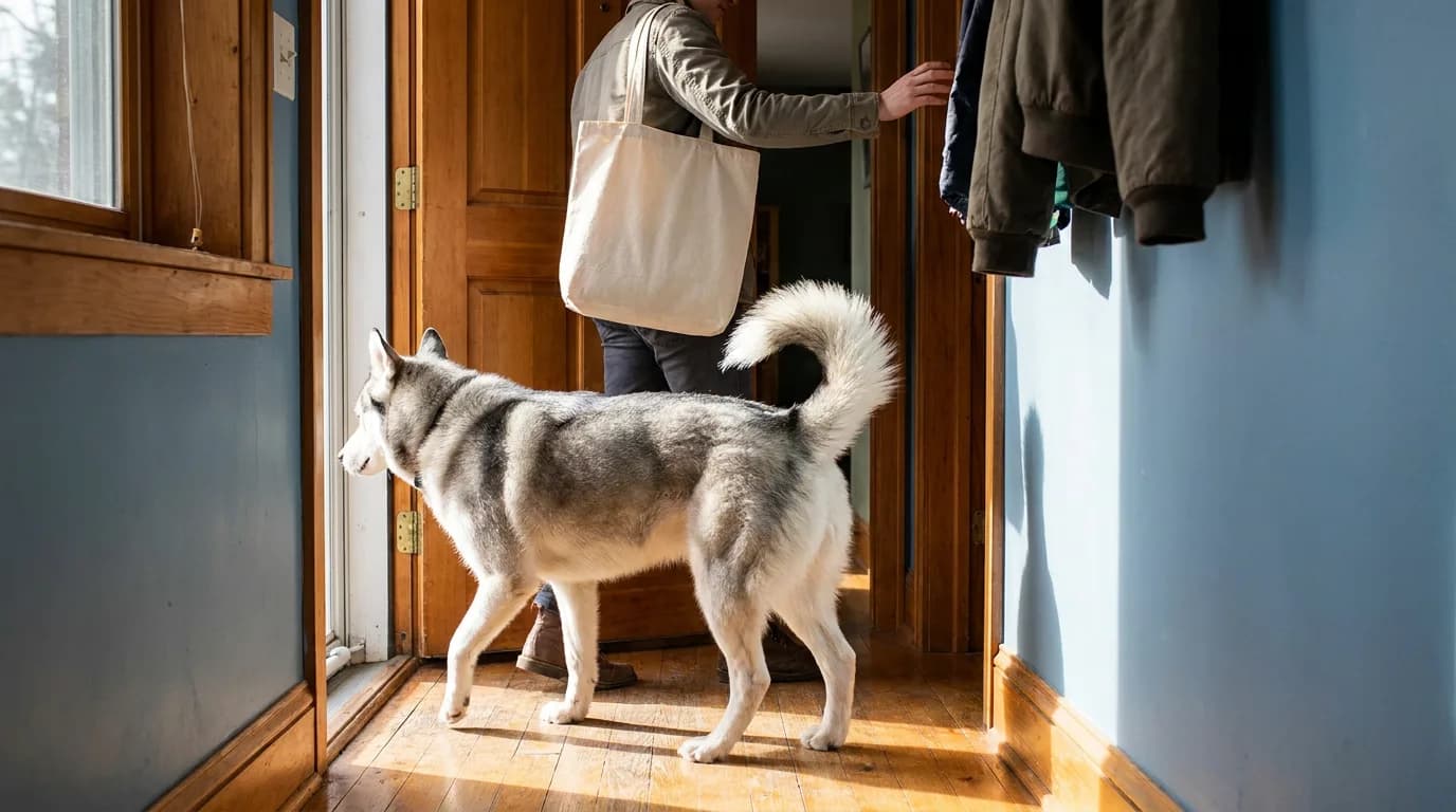 Silver-and-white Siberian Husky standing at an open doorway beside an owner with a canvas bag