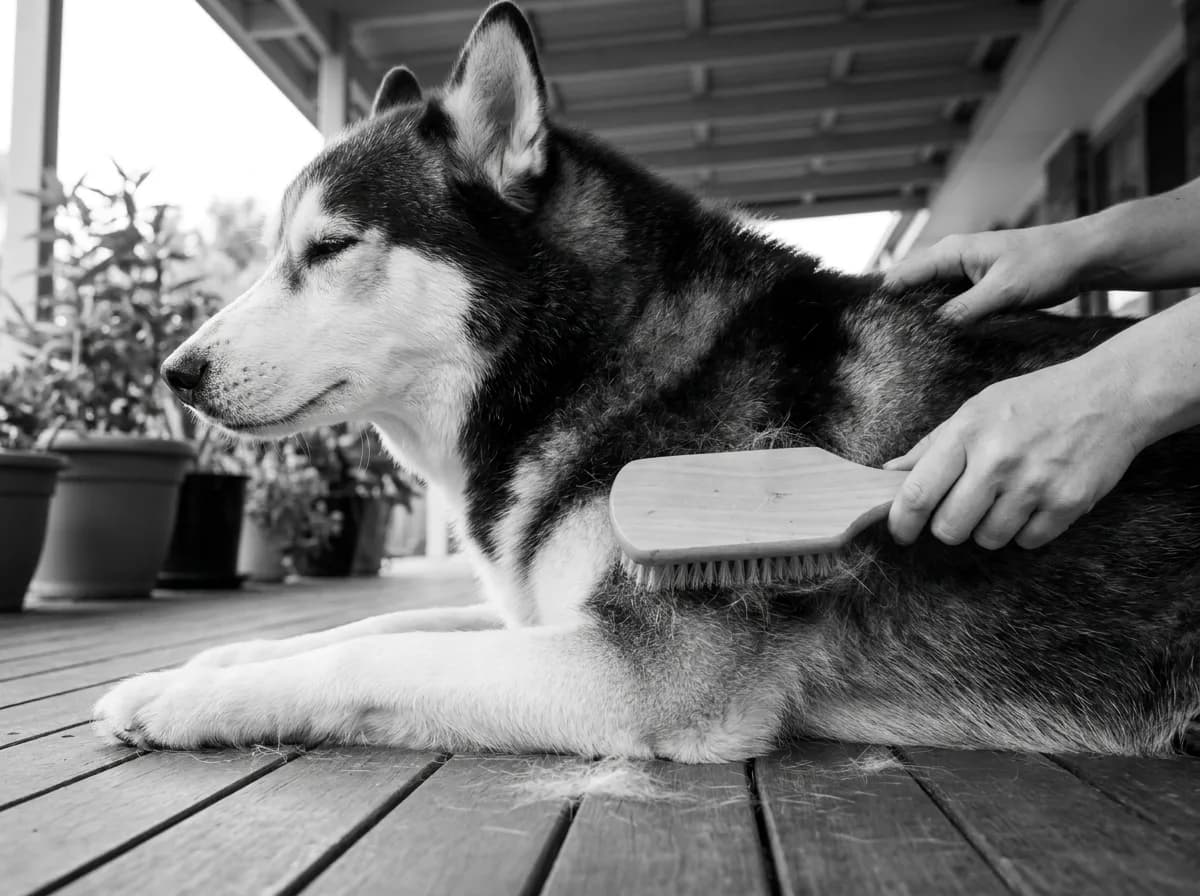 Black-and-white Husky reclining on a covered wooden deck while hands brush its coat