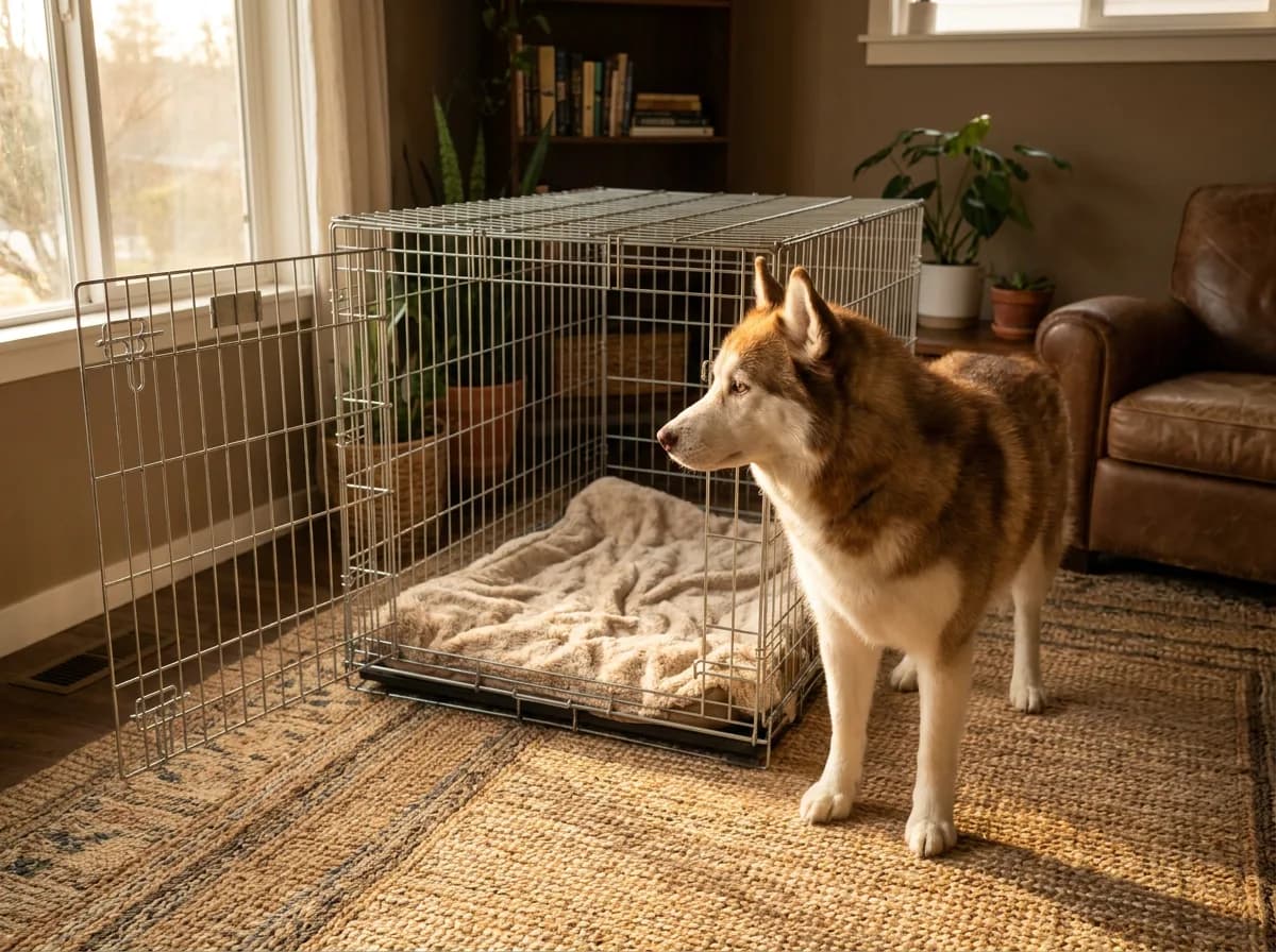 Adult Husky dog standing beside an open crate in a living room