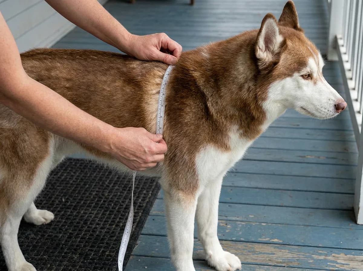 Red-and-white Siberian Husky having its chest girth measured with a soft tape behind the front legs