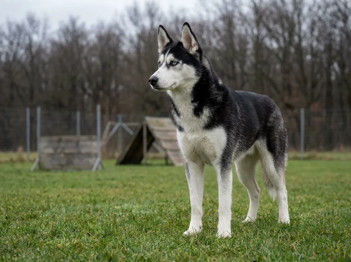 Young black-and-white Siberian Husky standing in profile on a grassy training field