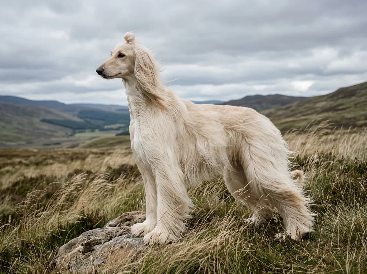 A cream Afghan Hound with a long flowing silky coat standing regally in profile on a windswept grassy hilltop