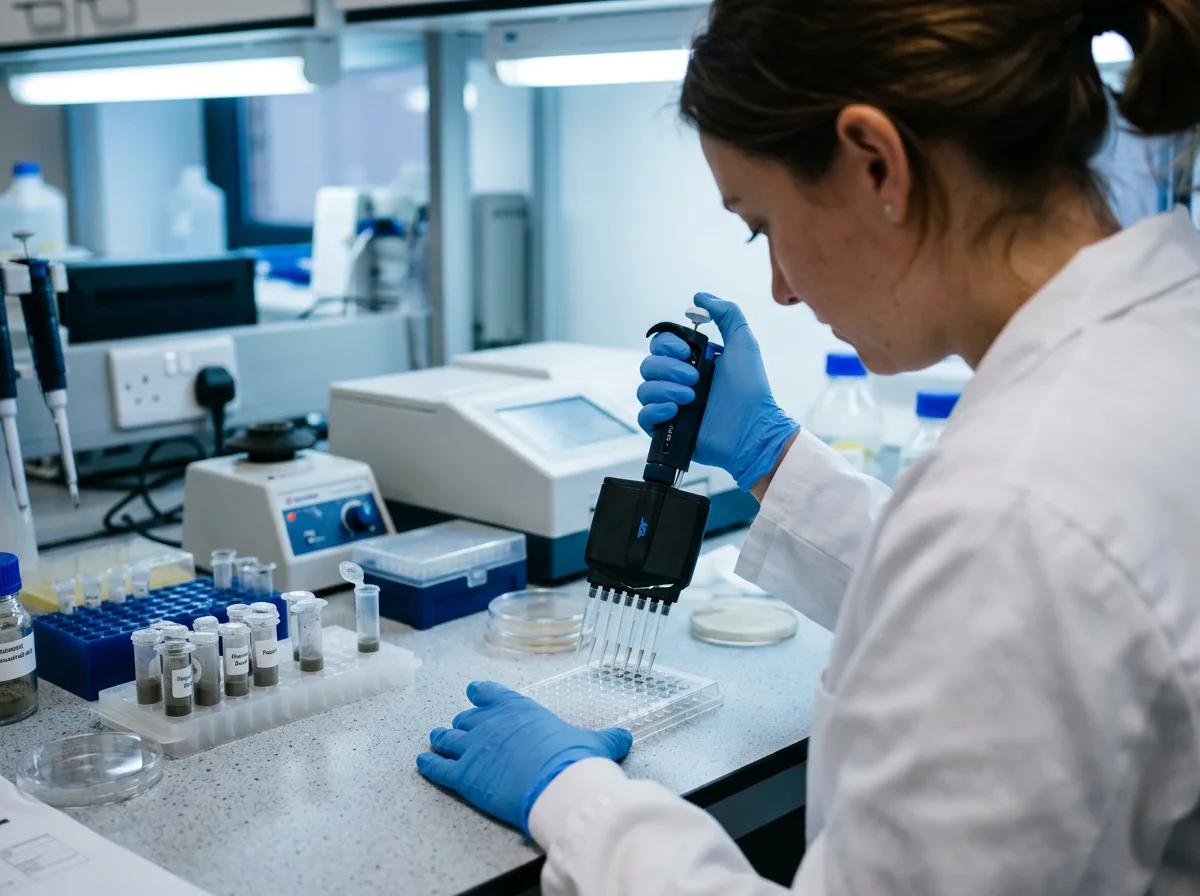 A gloved researcher pipetting a household dust sample into a microplate in a clinical lab, illustrating the science measuring dog allergen levels