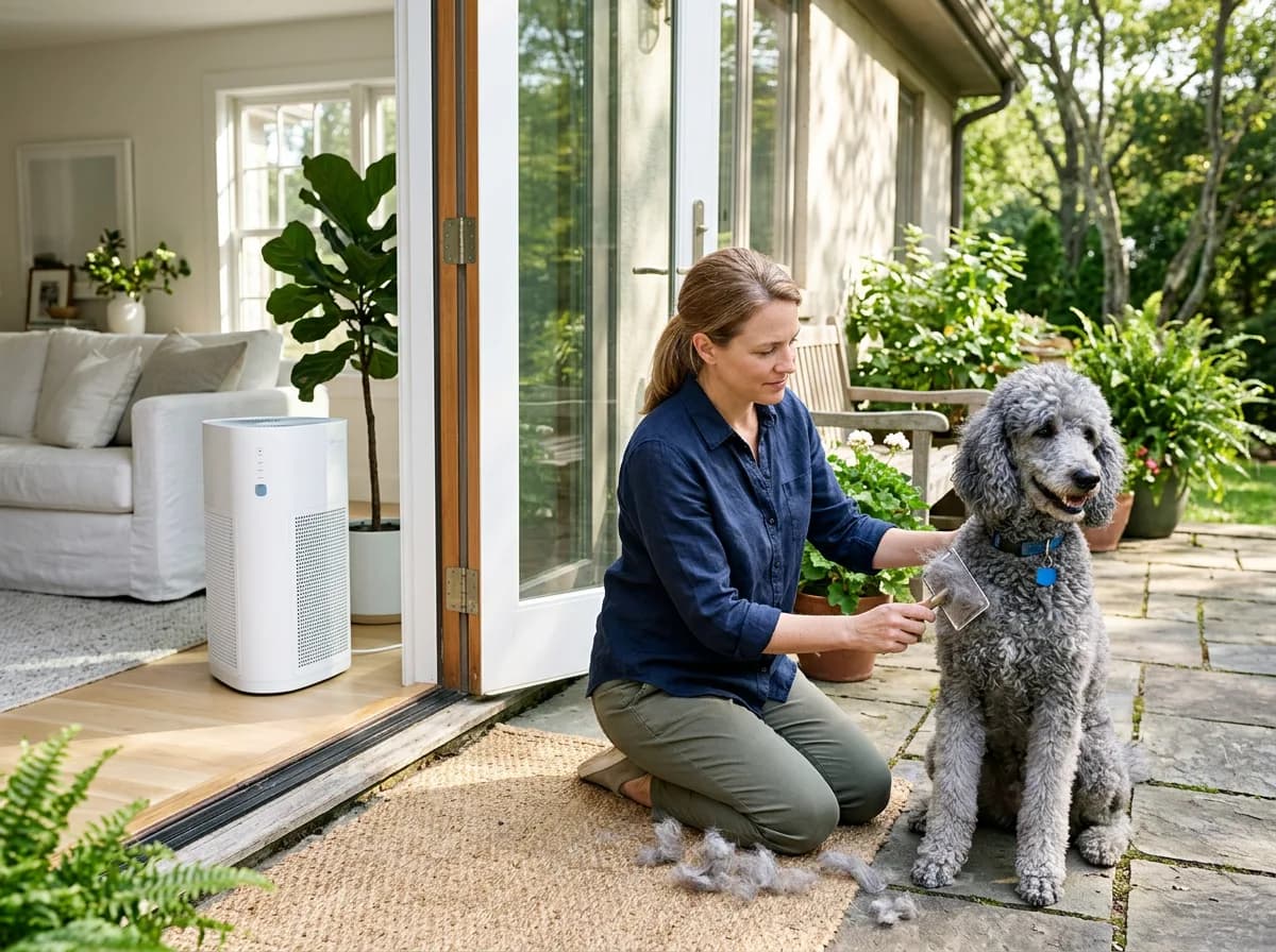 A woman brushing a curly gray Poodle on a sunny patio while a HEPA air purifier runs in the clean living room behind her, illustrating dog allergy management