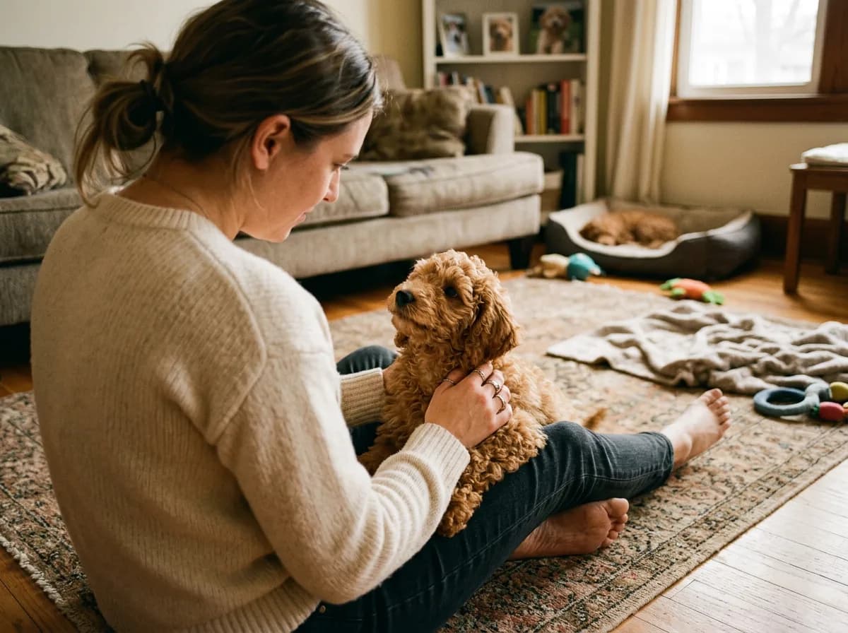 A person sitting on the floor gently petting a curious apricot Miniature Poodle in a home, testing their allergic reaction before adopting