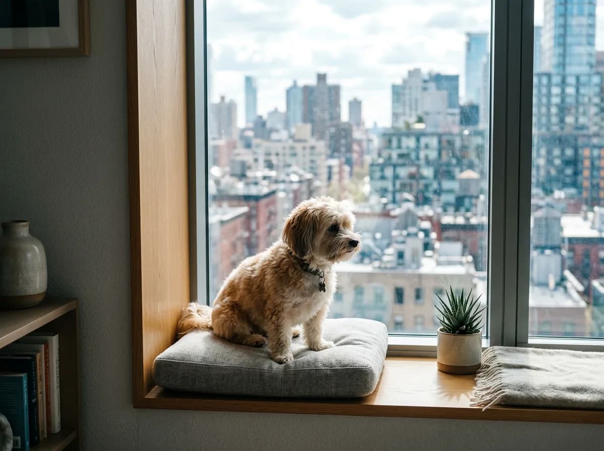 A small tan-and-white dog sitting on a windowsill of a modern high-rise apartment with city rooftops visible through the glass