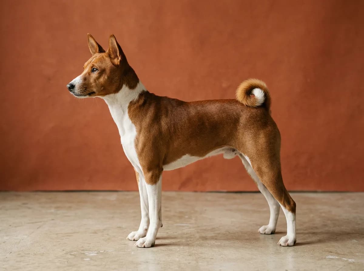 A chestnut-red-and-white Basenji with a short sleek coat and curled tail standing alert against a terracotta studio backdrop