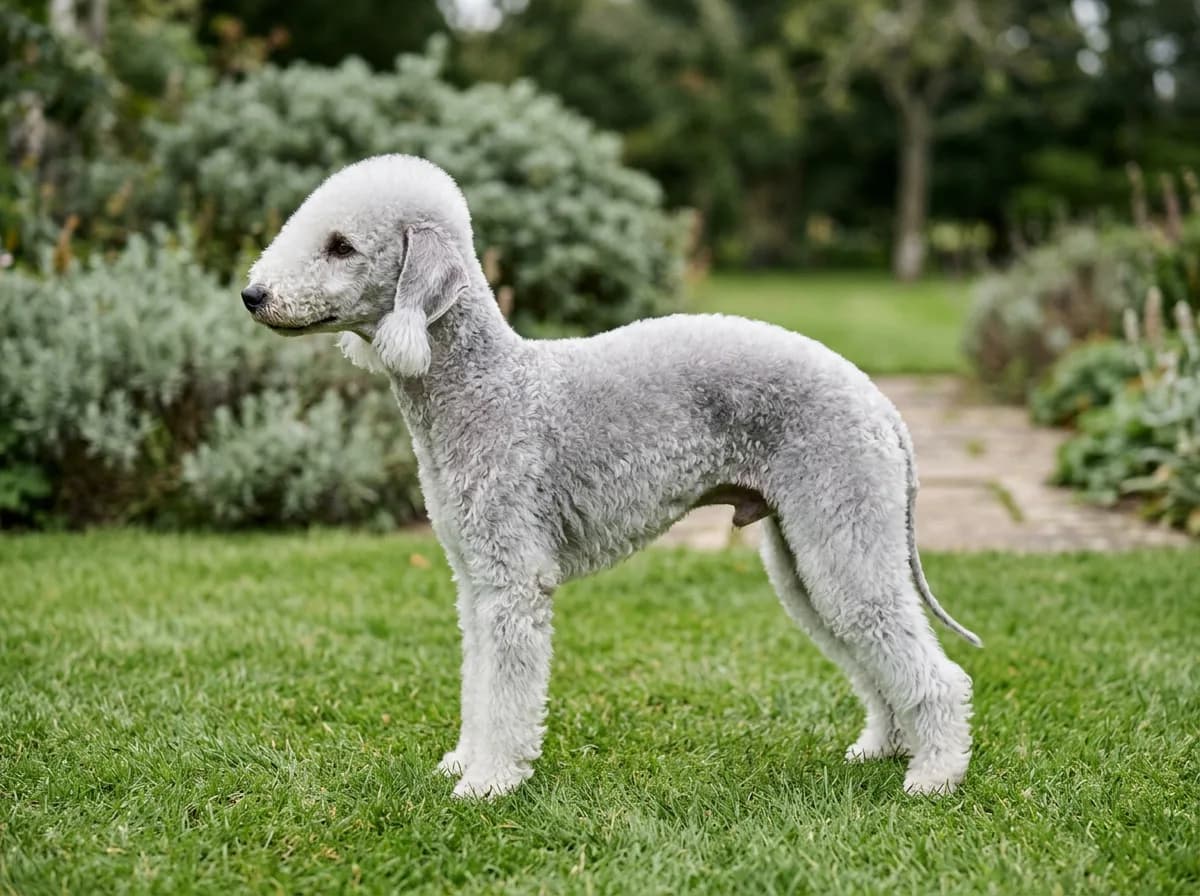A Bedlington Terrier with a curly lamb-like pale coat and arched back standing in profile on a green lawn
