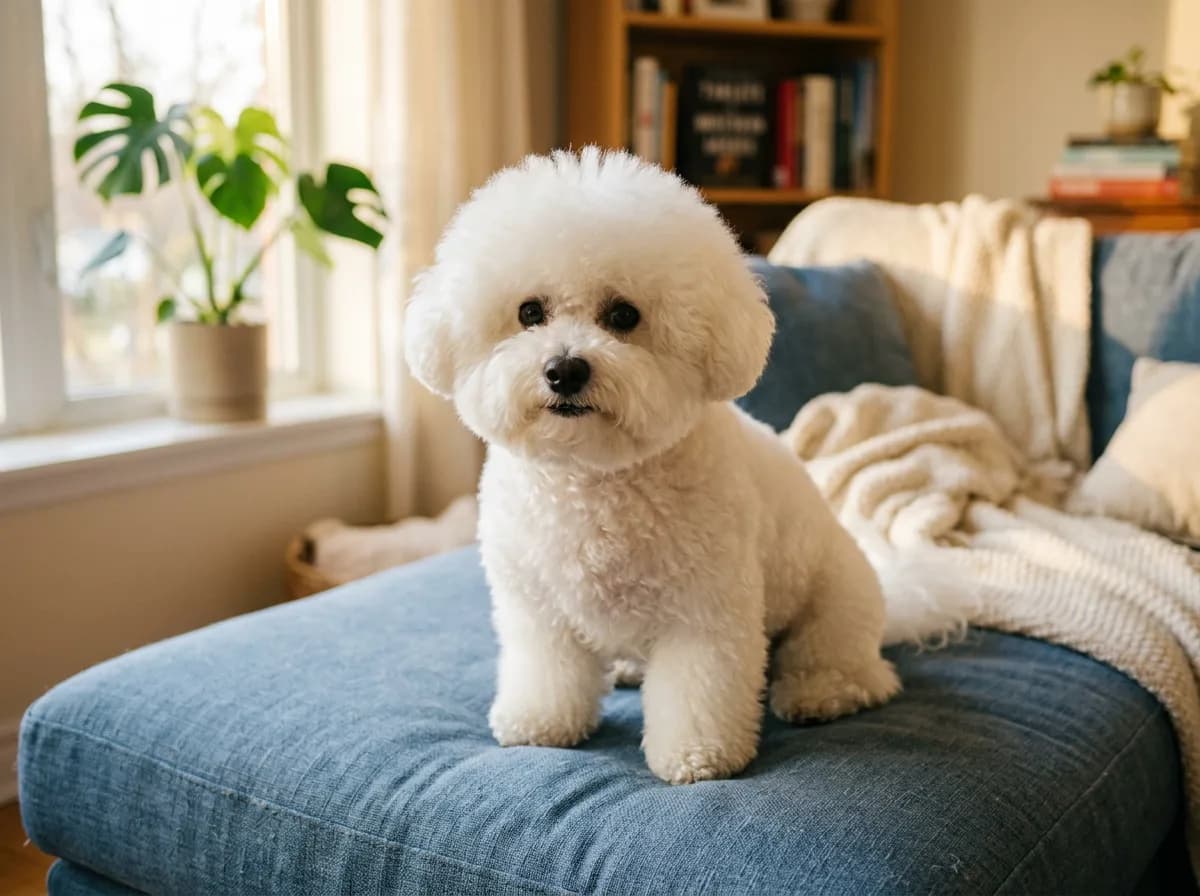 A small white Bichon Frise with a fluffy rounded coat sitting on a blue sofa cushion in warm evening light