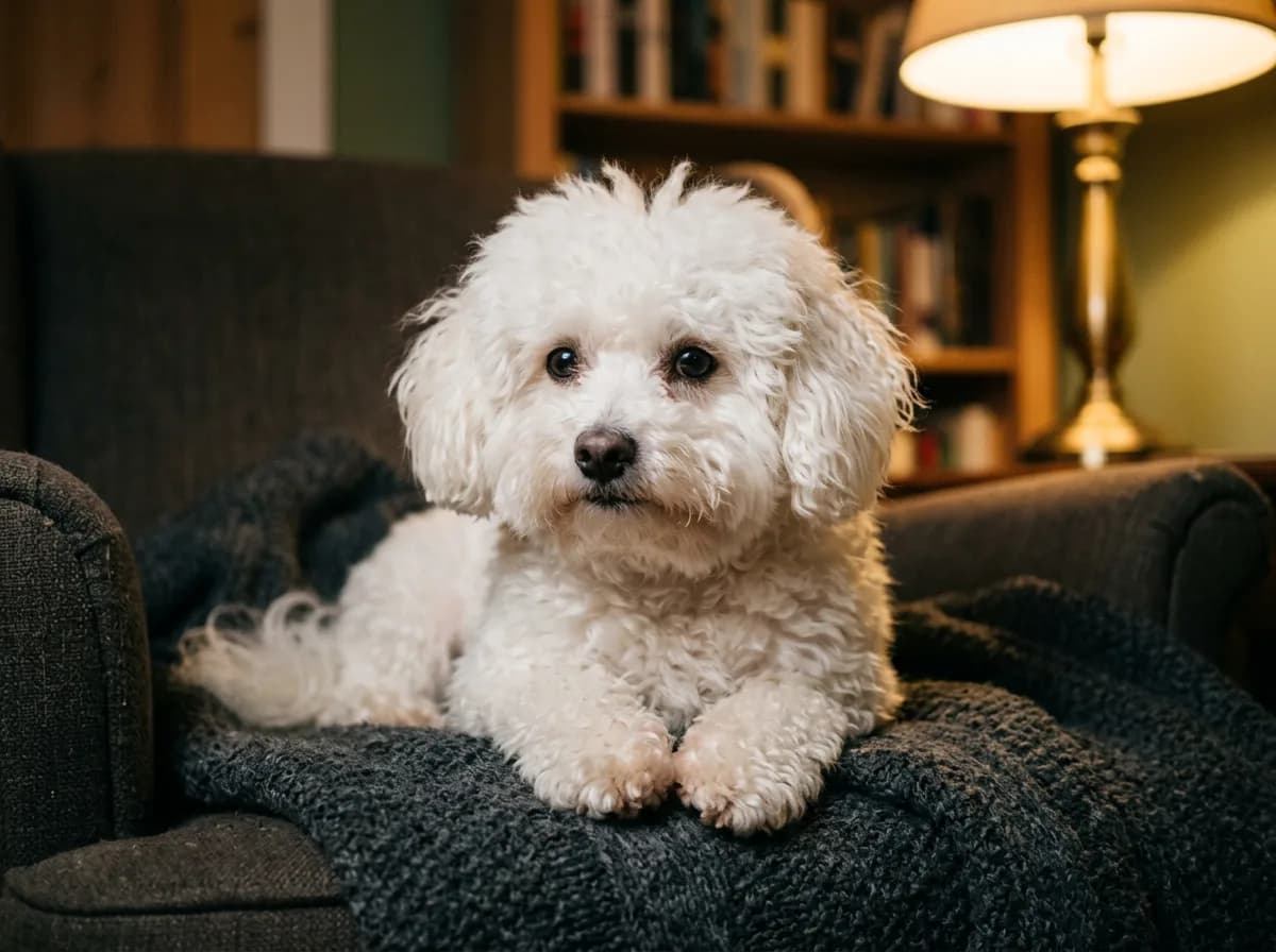 A small white Bolognese dog with a fluffy flocked coat resting on a charcoal wool throw in warm lamplight