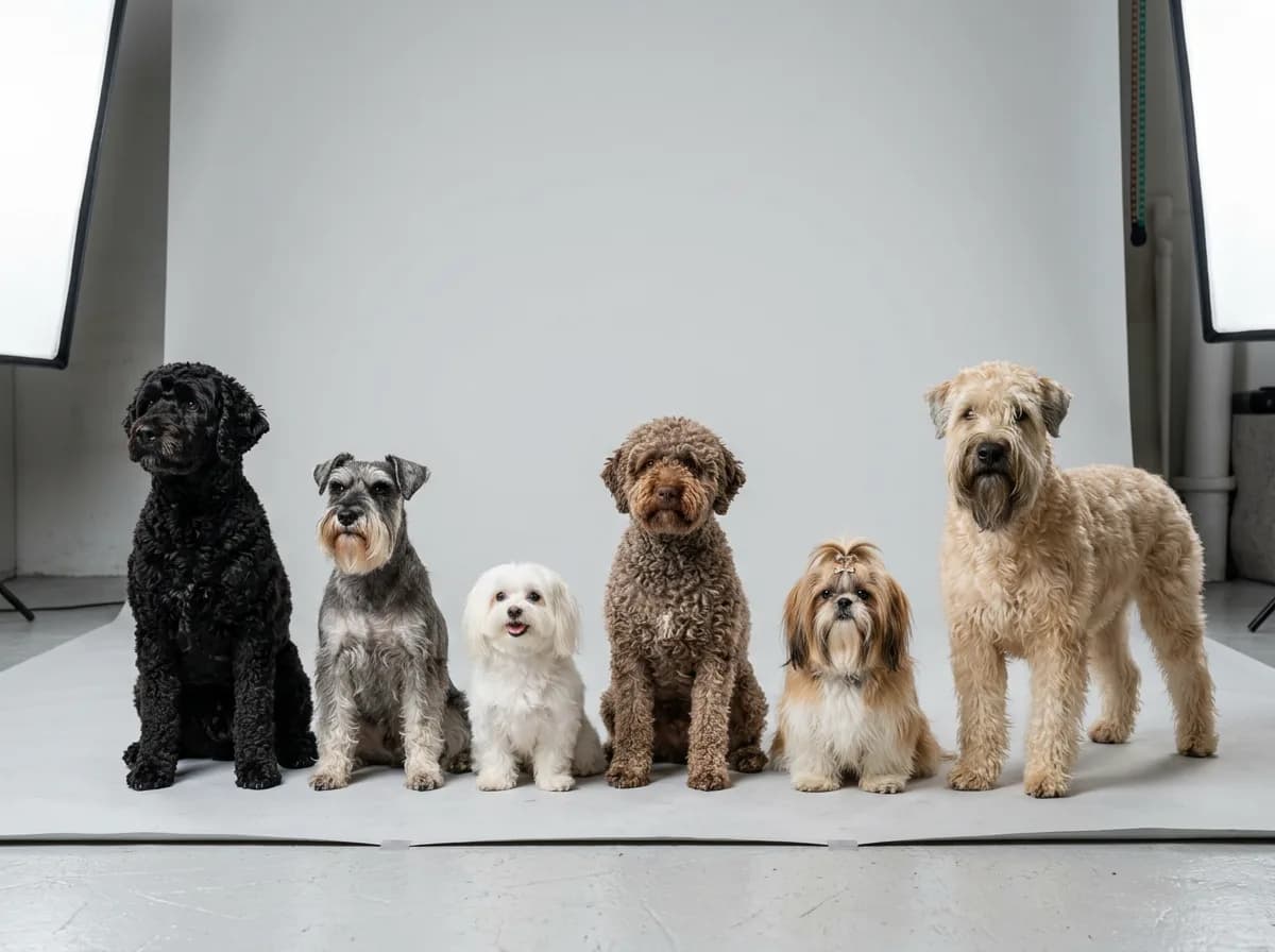 Six different low-shedding dog breeds including a Portuguese Water Dog, Miniature Schnauzer, Maltese, Lagotto Romagnolo, Shih Tzu, and Wheaten Terrier posed together on a gray studio backdrop