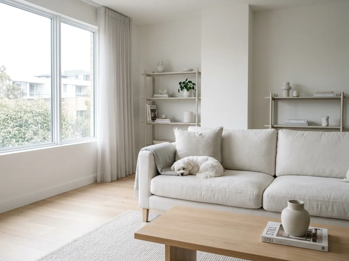 A small white Maltese in a short puppy cut curled up asleep on a clean pale linen sofa in a serene, tidy living room