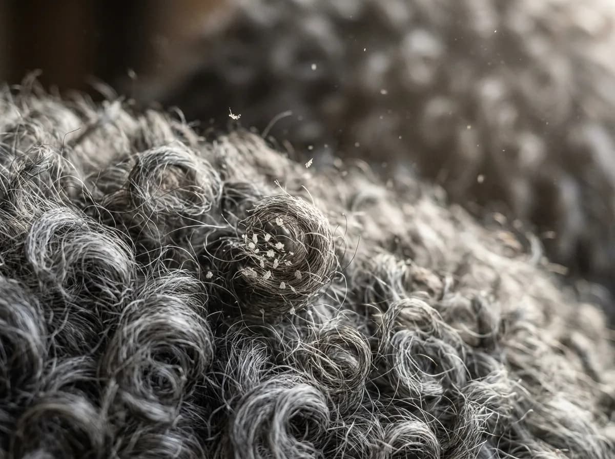 Extreme macro close-up of a curly gray dog coat showing tiny flakes of dander trapped in the curls, illustrating where the Can f 1 allergen lives