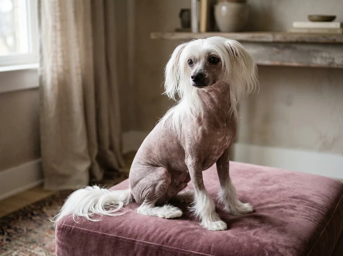 A hairless Chinese Crested dog with white plume tufts on its head, feet, and tail sitting on a velvet ottoman