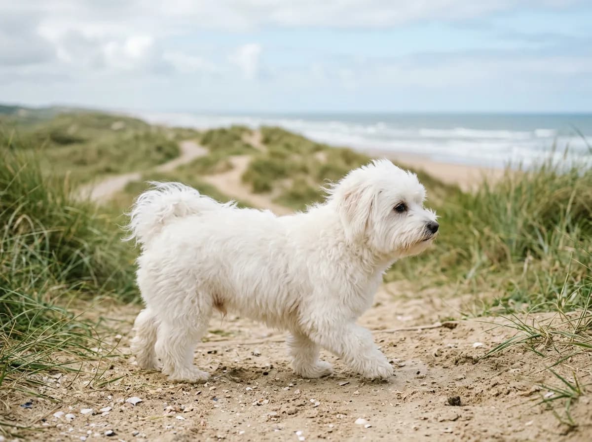 A small white Coton de Tulear with a soft cotton-like coat standing on a sandy beach path with dunes behind in breezy morning light