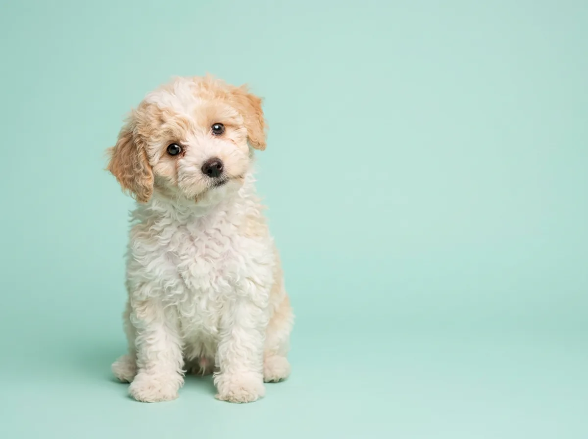 A small woolly white-and-apricot Poodle-mix puppy tilting its head inquisitively against a mint-green studio backdrop