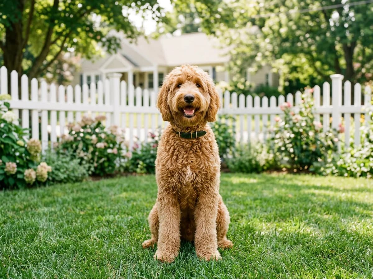 A caramel-gold Goldendoodle with a wavy teddy-bear coat sitting on a green front lawn in bright midday sun