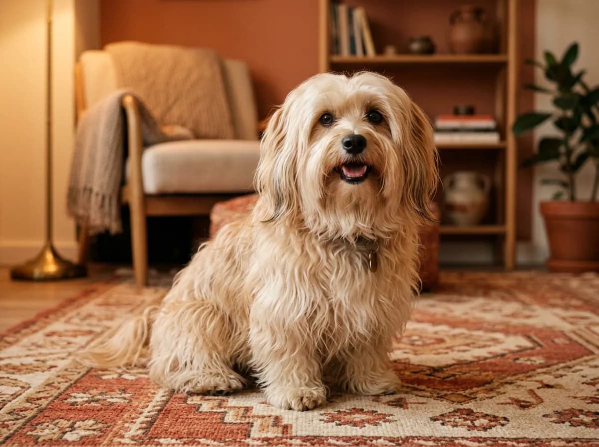 A cream-and-tan Havanese with a long silky coat sitting alertly on a patterned rug in warm lamplight
