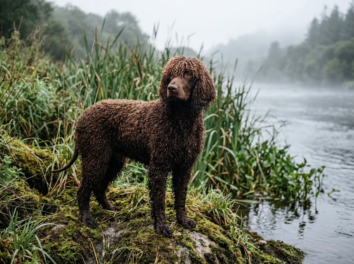 An Irish Water Spaniel with a curly liver-brown coat and topknot standing on a misty riverbank
