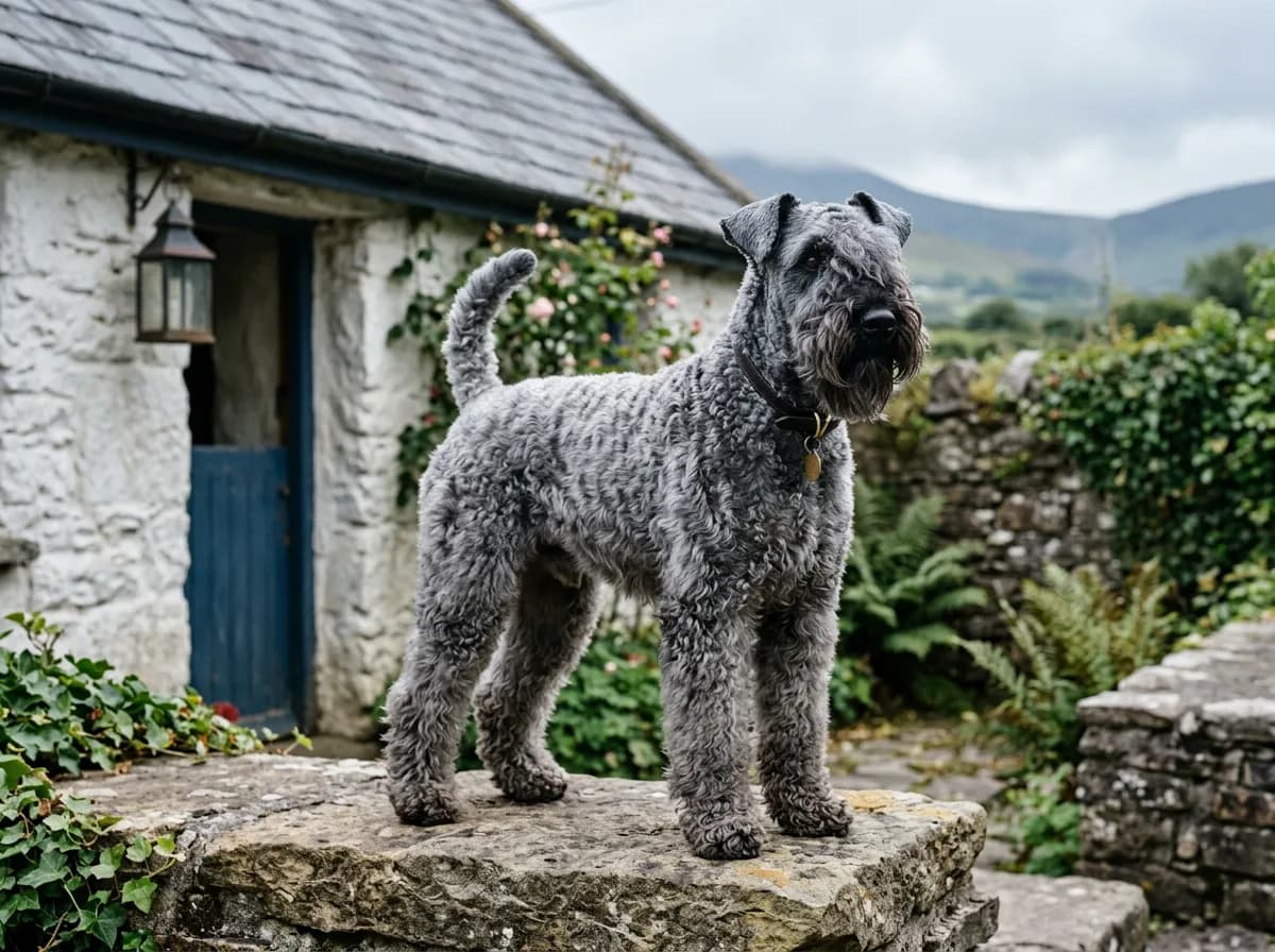 A Kerry Blue Terrier with a soft blue-gray coat and beard standing on a stone step outside a cottage in cloudy light