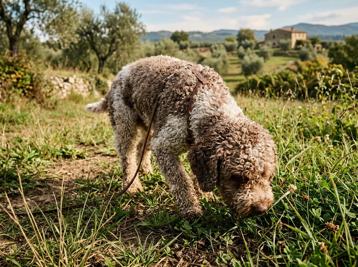 A brown-and-white Lagotto Romagnolo with a woolly curly coat sniffing the ground in a grassy field