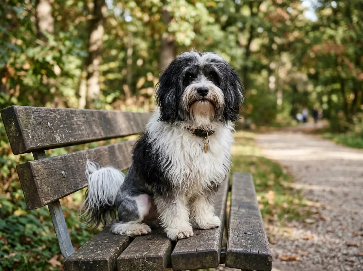 A Löwchen clipped in a traditional lion trim with a full mane and closely clipped hindquarters sitting on a park bench in dappled light