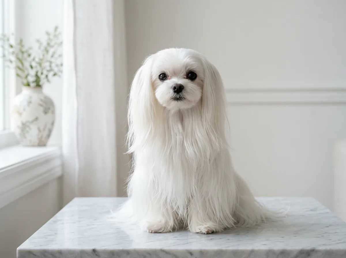 A small white Maltese with a long silky single coat sitting upright on a marble table in bright morning light