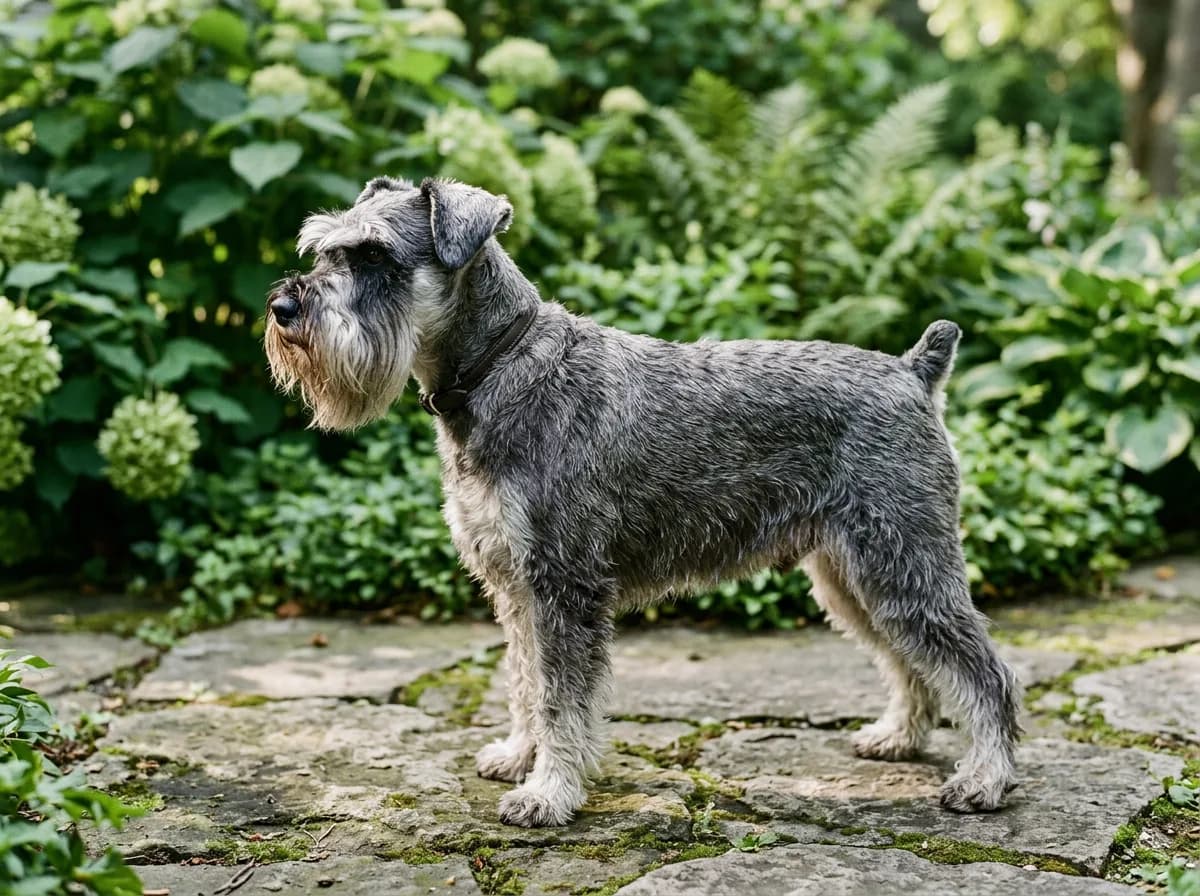 A salt-and-pepper Miniature Schnauzer with a wiry coat and bushy beard standing in profile on a garden path