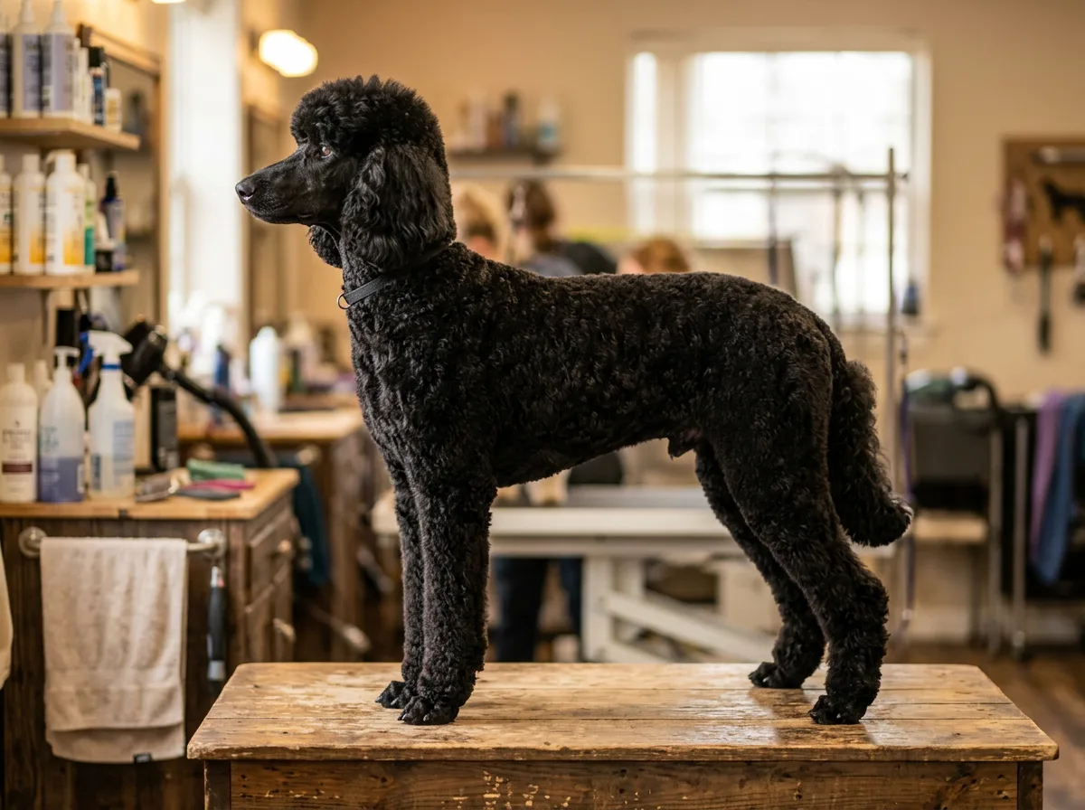 A freshly groomed black Standard Poodle standing in profile on a grooming table, showing its dense curly low-shedding coat